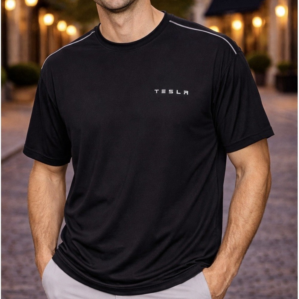 Tesla Men's Black Reflective Logo T Shirt Athletic Casual 2XL Cotton Tee